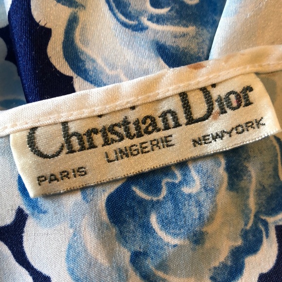 Vintage CHRISTIAN DIOR size M/L Silk Floral Long Nightie Classic Gown Blue White - Picture 9 of 16